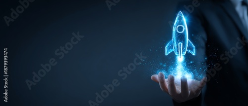 Digital rocket launch concept in business setting.