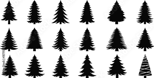 Pine tree silhouette icon set, evergreen forest spruce fir trees, nature landscape elements, woodland conifer timber, outdoor garden botanical vector illustrations, holiday