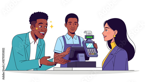 A cartoon illustration of a diverse group of people interacting at a cash register