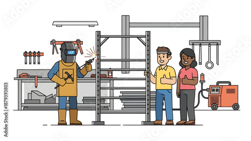 A cartoon illustration of a welder and two coworkers in a workshop with metal shelving and equipment.