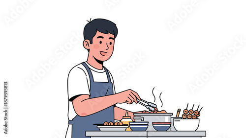 A cartoon man in an apron cooking with tongs at a kitchen counter.