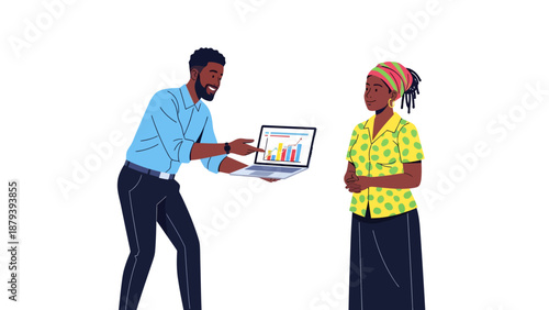 A man and woman in business casual attire interact over a laptop displaying a colorful graph.
