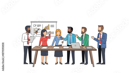 A group of business professionals gathered around a table discussing and pointing at documents and a whiteboard with graphs.