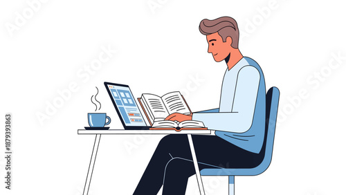 A man sits at a desk with a laptop and book, surrounded by a cup of coffee.