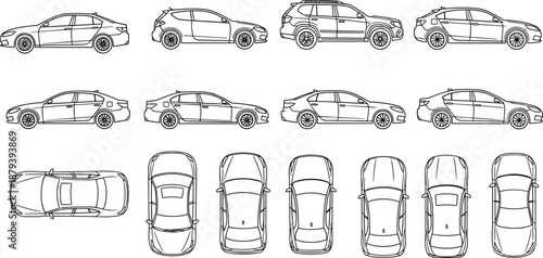 Set of Car Line Art Icons Featuring Side and Top View Diagrams for Architectural Renderings, Site Plans, and Urban Transport Layouts