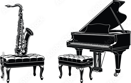 WSaxophone and grand piano silhouettes on vintage stools, jazz music concept, classical instruments, black vector illustration isolated on white backgroundeb