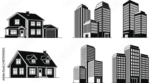 Set of Detailed Black House Silhouettes and Modern Skyscraper Illustrations for Real Estate Marketing, Urban Development, and Residential Architecture Concepts
