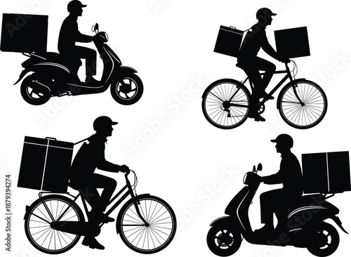 Set of delivery courier silhouettes riding bicycle and scooter, food and package transport service, urban logistics concept, express shipping and online order delivery illustration