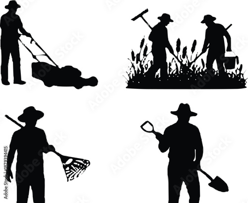Set of gardener silhouettes working in garden, mowing grass, digging soil and harvesting plants, outdoor landscaping concept, agriculture work illustration and farming activity designs