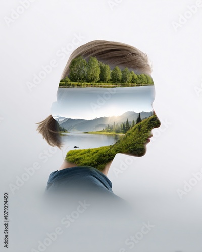 Double exposure human profile and abstract emotion landscape, mental health concept, clean background, copy space
