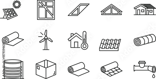 Set of Sustainable Construction Line Art Icons Featuring Solar Panels, Wind Turbines, Insulation Materials, Roofing, Plumbing, and Energy Efficient Home Components