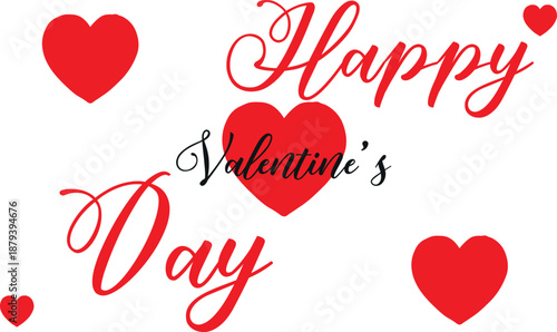 Happy Valentine's Day greeting card design with bright red hearts and elegant calligraphy text on a clean white background.