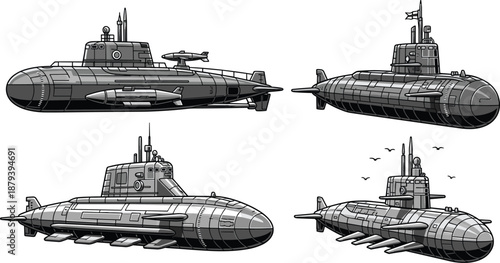 Set of military submarine illustrations showing modern underwater naval vessels, ocean defense technology, maritime warfare concepts, vector ship designs for security, patrol and strategic operations