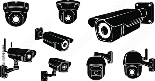 Set of security camera silhouettes showing CCTV, dome and bullet cameras, surveillance system designs for safety monitoring, technology protection concepts, vector icons and security illustrations