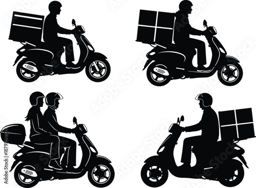 Silhouette scooter riders with delivery boxes and passengers, modern urban transportation, courier service concept, motorcycle logistics, black vector illustration isolated on white background
