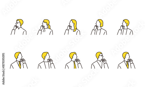 考える、悩むビジネスパーソンのアイコンセット　線画イラスト