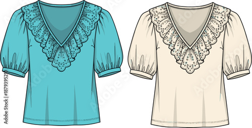 Women's Romantic Eyelet Ruffle Collar Blouse Fashion Technical Flat Drawing, Deep V-Neck Top Template with Short Puff Sleeves, Garment Vector Illustration for Apparel Design and Mockup.