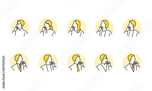 考える、悩むビジネスパーソンの円背景アイコンセット　線画イラスト
