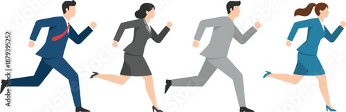 Business professionals running in suits, urgency, competition, teamwork, ambition, corporate race, fast-paced career challenge, success pursuit