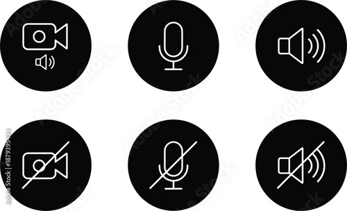Set of six minimalist multimedia interface icons inside black circles featuring video camera microphone and speaker volume controls.