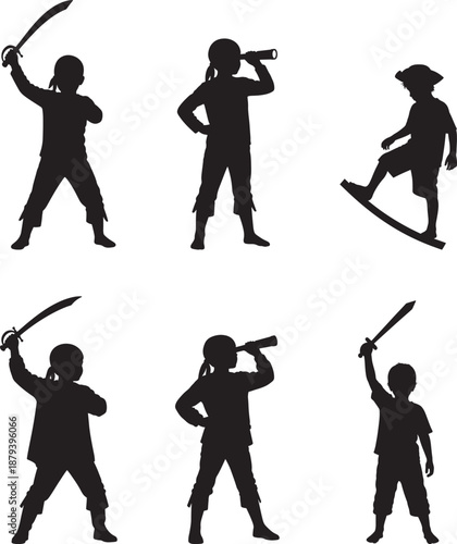 Kids Pretending Pirates Adventure Silhouette Vector Set