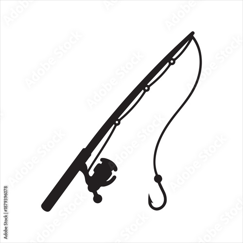  Silhouette fishing rod is angling with a hook vector, black and white fishing rods with reels, Silhouette of Fishing Rod with Bent Pole Vector Illustration