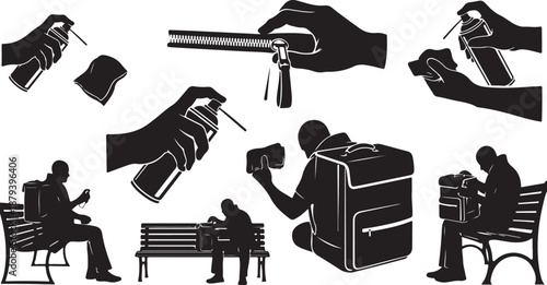 Silhouettes of people with guns and briefcases in monochrome