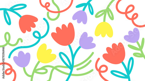 Vibrant Playful Floral Illustration of Diverse Flowers and Leaves in Bold Whimsical Style for Joyful Uplifting Designs
