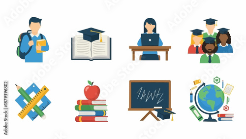 Education icons set with students books and graduation caps.