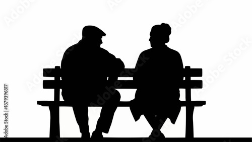 Elderly Couple Silhouette Sitting Together on Park Bench.