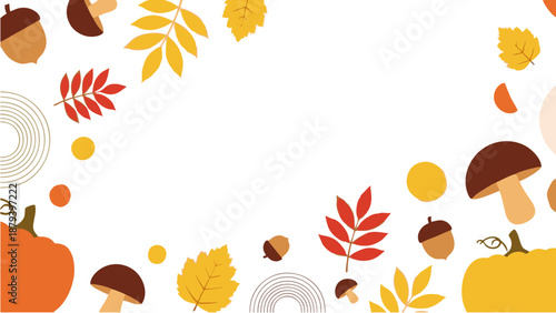 Autumn season background with pumpkins mushrooms acorns and fallen leaves on white