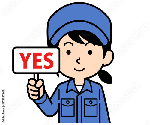 YESの札を持つシンプルな作業員の女性