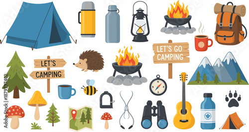 Camping adventure illustration set with tent, campfire, backpack, lantern, nature elements, hiking gear, and outdoor travel accessories