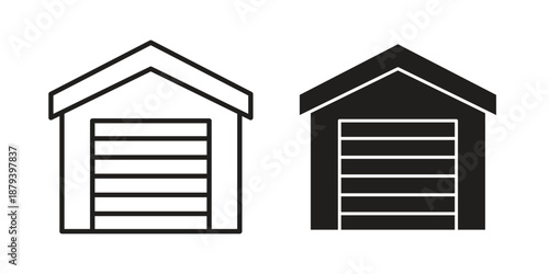 Warehouse icons in black glyph and liner versions for design.
