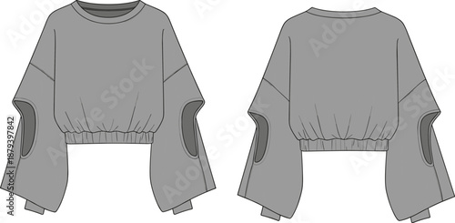 Technical Vector Fashion Illustration of Women’s Grey Cropped Crew Neck Sweatshirt Featuring Elbow Cut-Out Details Wide Sleeves and an Elasticated Gathered Waistband Hem