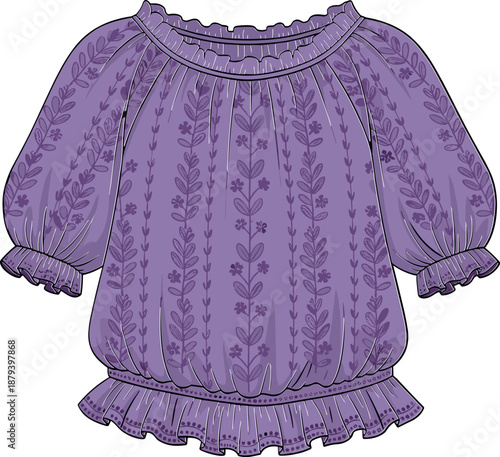 Women's Romantic Floral Print Peasant Blouse Fashion Illustration featuring Shirred Neckline, Elbow Sleeves, Elastic Hem, and Vibrant Purple Color.