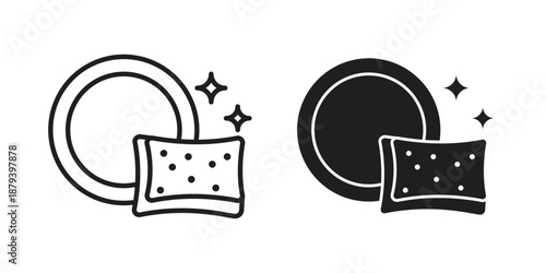 Washing dishes icons in black glyph and liner versions for design.