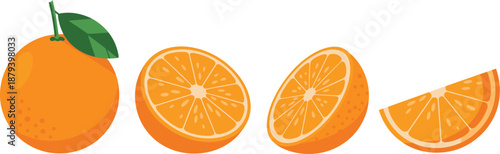Orange fruit illustration set, whole and sliced citrus, fresh vitamin food design, juicy segments collection, isolated flat vector.
