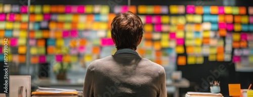 Man contemplating ideas while sitting at desk with colorful sticky notes on office wall