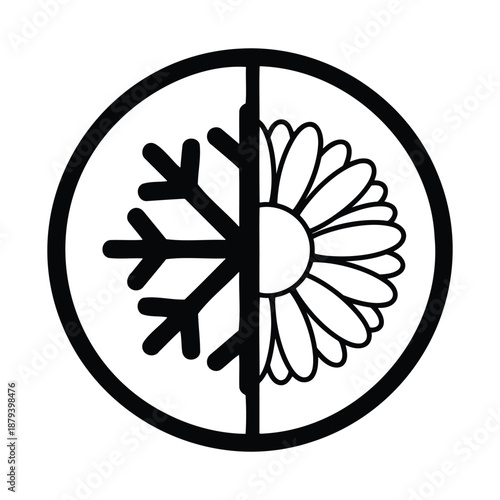 Winter and spring seasonal weather split circle icon with snowflake