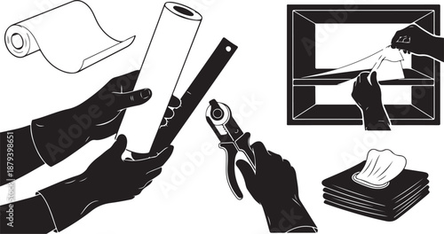 Hands holding wallpaper, tools, and paper for home decoration