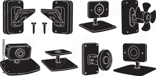 Various security camera mounts and installation accessories shown
