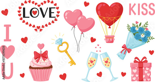 Romantic Valentine illustration set with hearts, love symbols, gifts, balloons, flowers, cupcakes, champagne glasses, and sweet decorations
