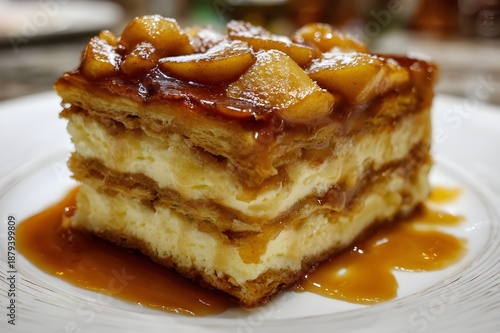 A vibrant close-up photo of a mouthwatering Tiramisu Gourmand with Salted Butter Caramel & Sautéed Apples