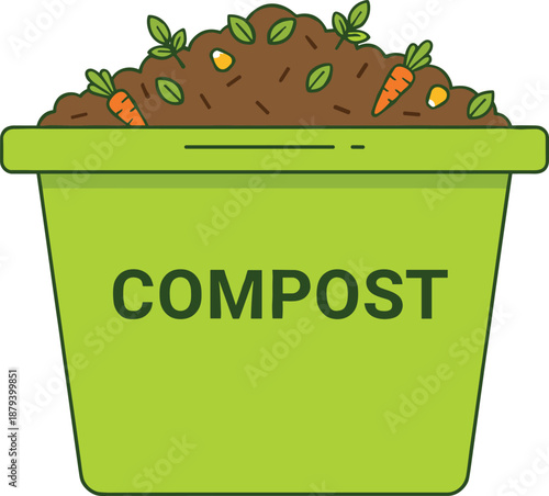 Green compost bin illustration filled with organic waste, food scraps, and leaves representing recycling, sustainability, and eco-friendly living