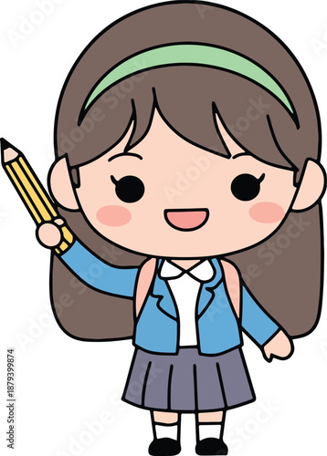 Cute schoolgirl holding pencil with cheerful expression