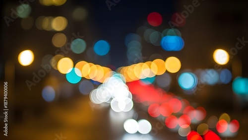 Colorful city street bokeh lights at night with blurred urban background