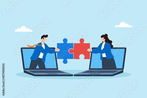 Flat illustration of businessman and businesswoman connecting puzzle pieces through laptop computers representing online collaboration teamwork remote working and digital partnership