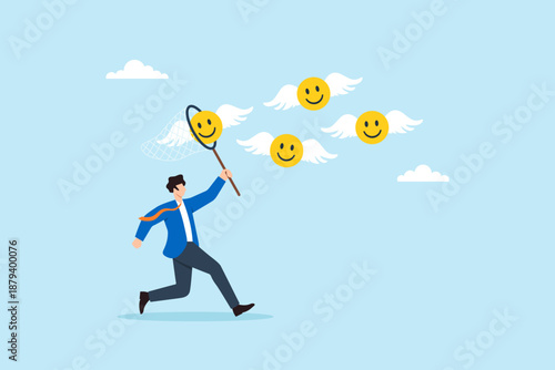 Flat illustration of businessman chasing flying smiley faces with butterfly net representing pursuit of happiness positivity emotional wellbeing motivation and life satisfaction