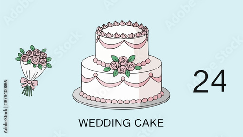 Elegant Two Tier Wedding Cake with Roses and Bouquet.